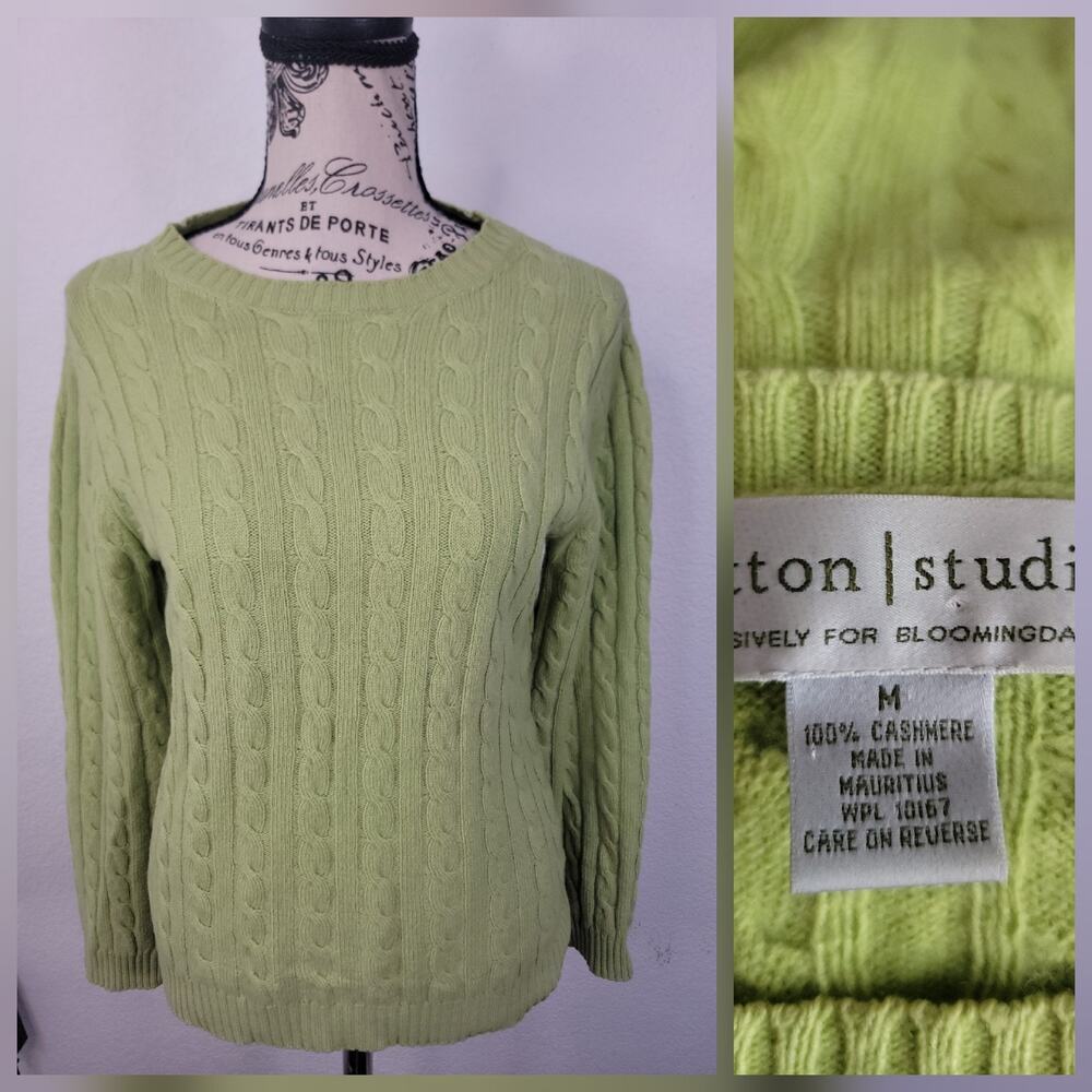 Sutton Studio 100% Cashmere Crewneck Cable Knit Sweater SZ M Green Bloomindales